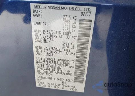 2017 Nissan Pathfinder Sv z USA, uszkodzony, nr VIN 5N1DR2MM9HC667302